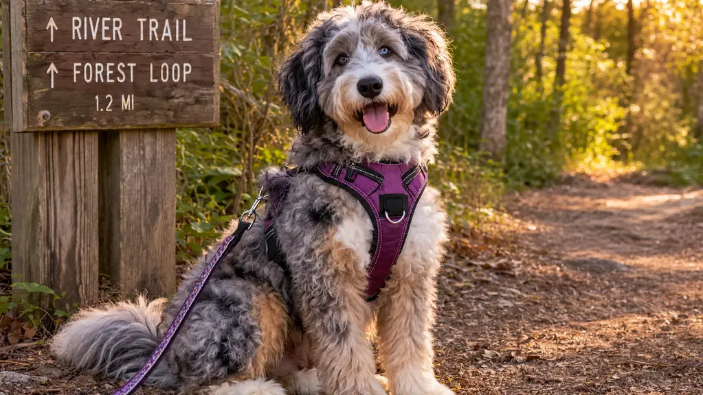 A large fluffy dog wearing a padded no-pull harness sitting beside a wooded trail in late afternoon light.
