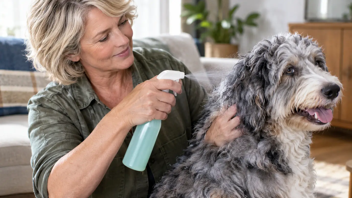 A hand misting a detangler spray onto the coat of a fluffy blue merle Aussiedoodle behind the ears