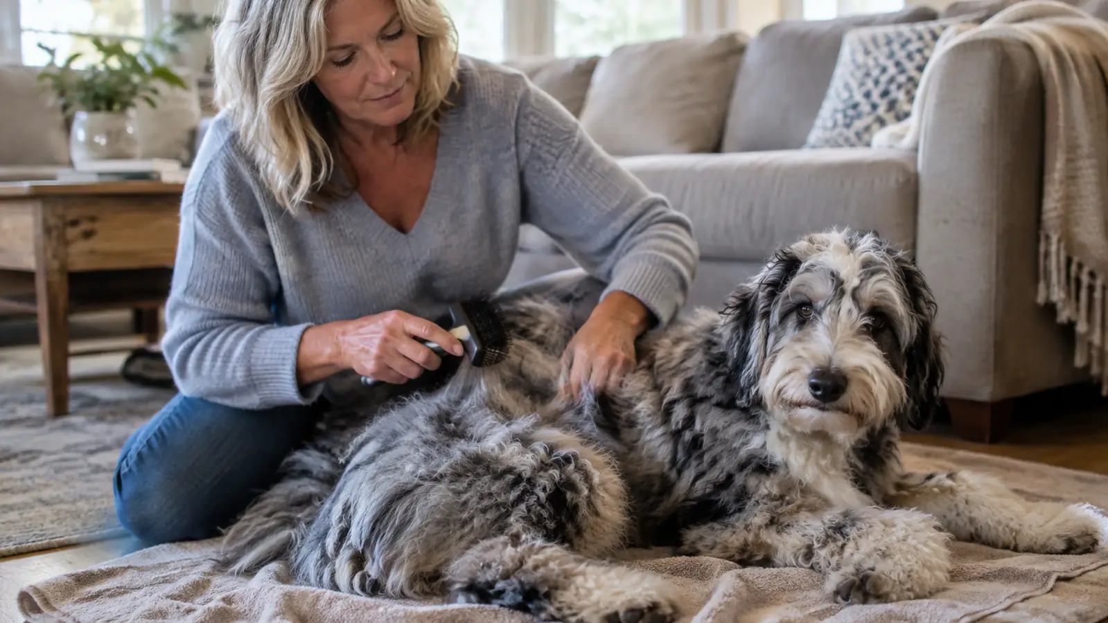 A fluffy blue merle Aussiedoodle lying calmly on a towel while a woman in her fifties brushes her coat in sections