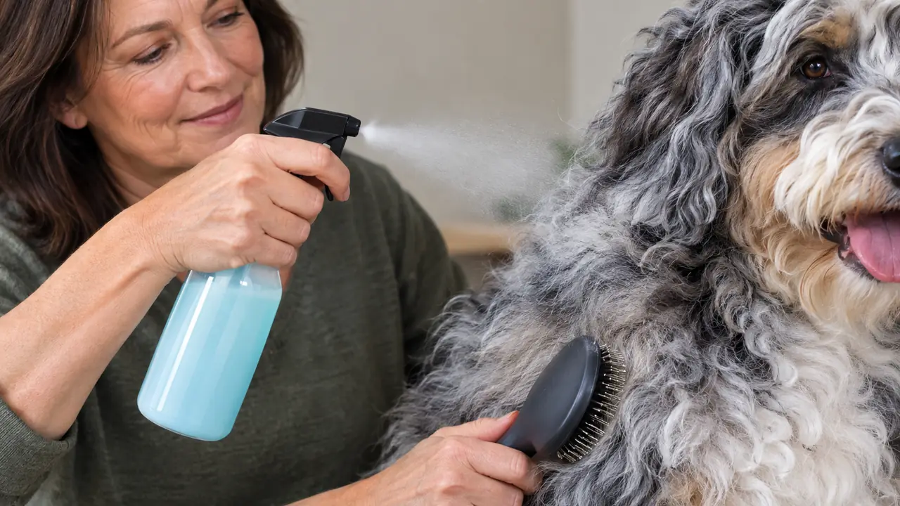 A hand misting a detangler spray onto the coat of a large fluffy dog before brushing