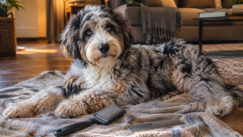 A large fluffy dog lying on a living room floor with a slicker brush and a steel comb on a towel nearby