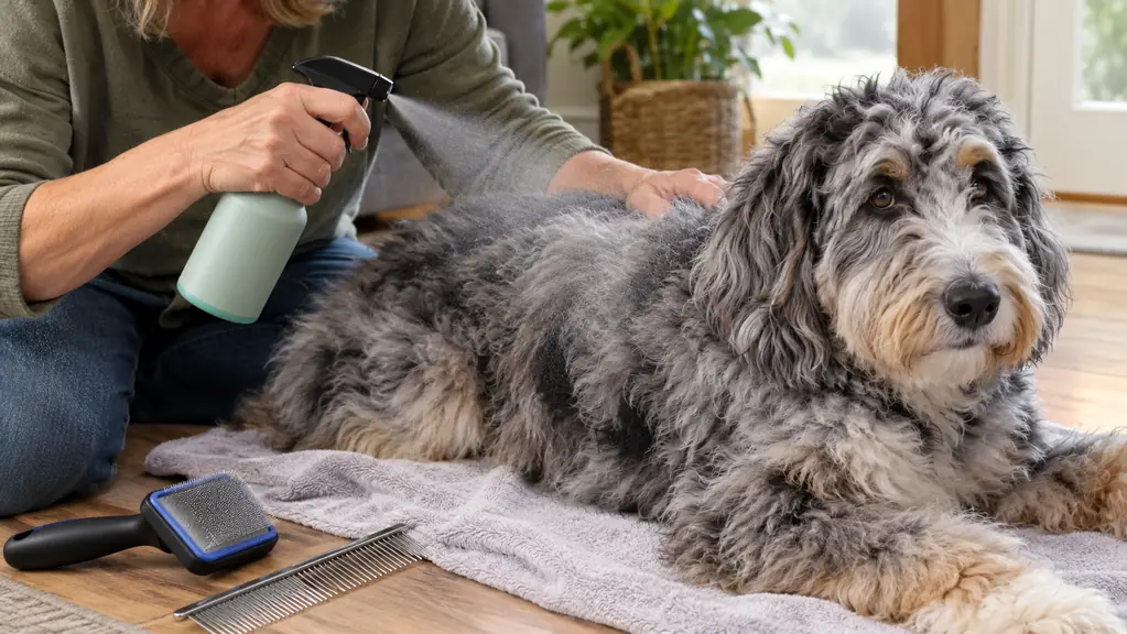 A hand holding a spray bottle above the coat of a large fluffy dog lying on a towel, about to mist a section before brushing.
