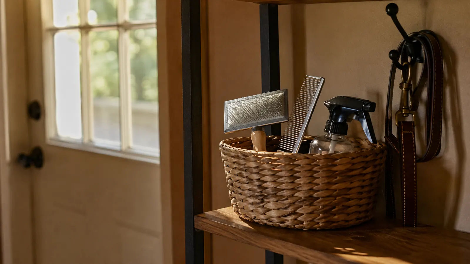 A grooming basket on a shelf by a back door holding a slicker brush, a steel comb and a spray bottle.