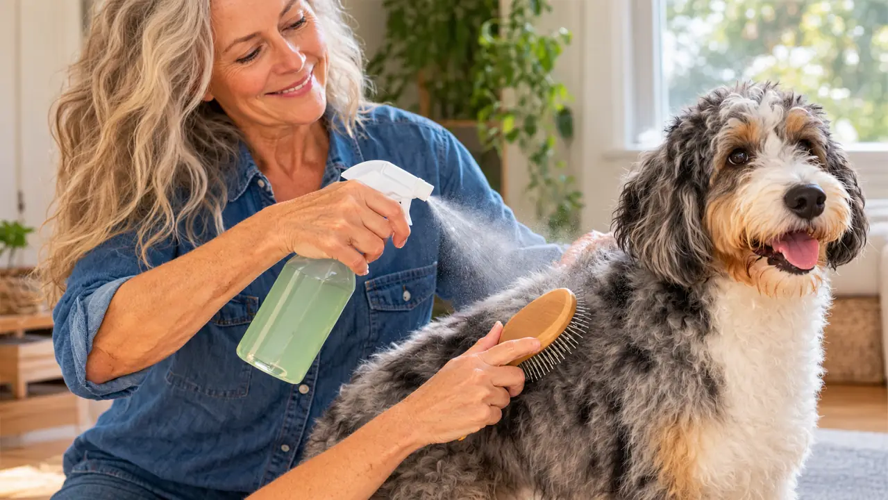 A hand misting a detangler spray onto the coat of a fluffy blue merle Aussiedoodle before brushing