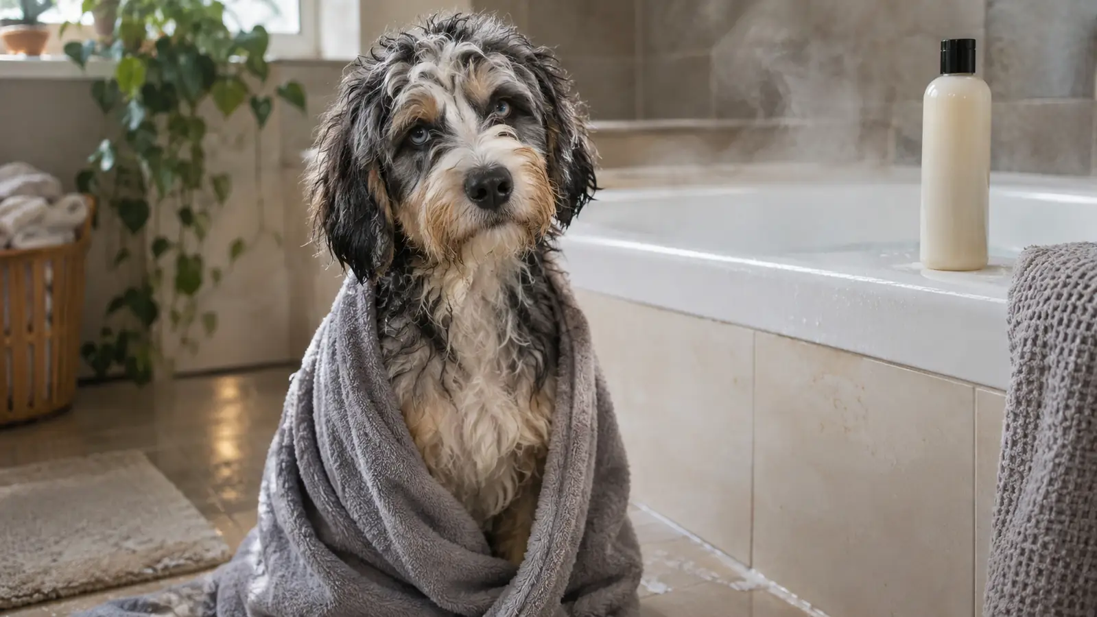 A fluffy blue merle Aussiedoodle sitting on a bathroom floor after a bath, wrapped in a towel, with a bottle of conditioner on the edge of the tub